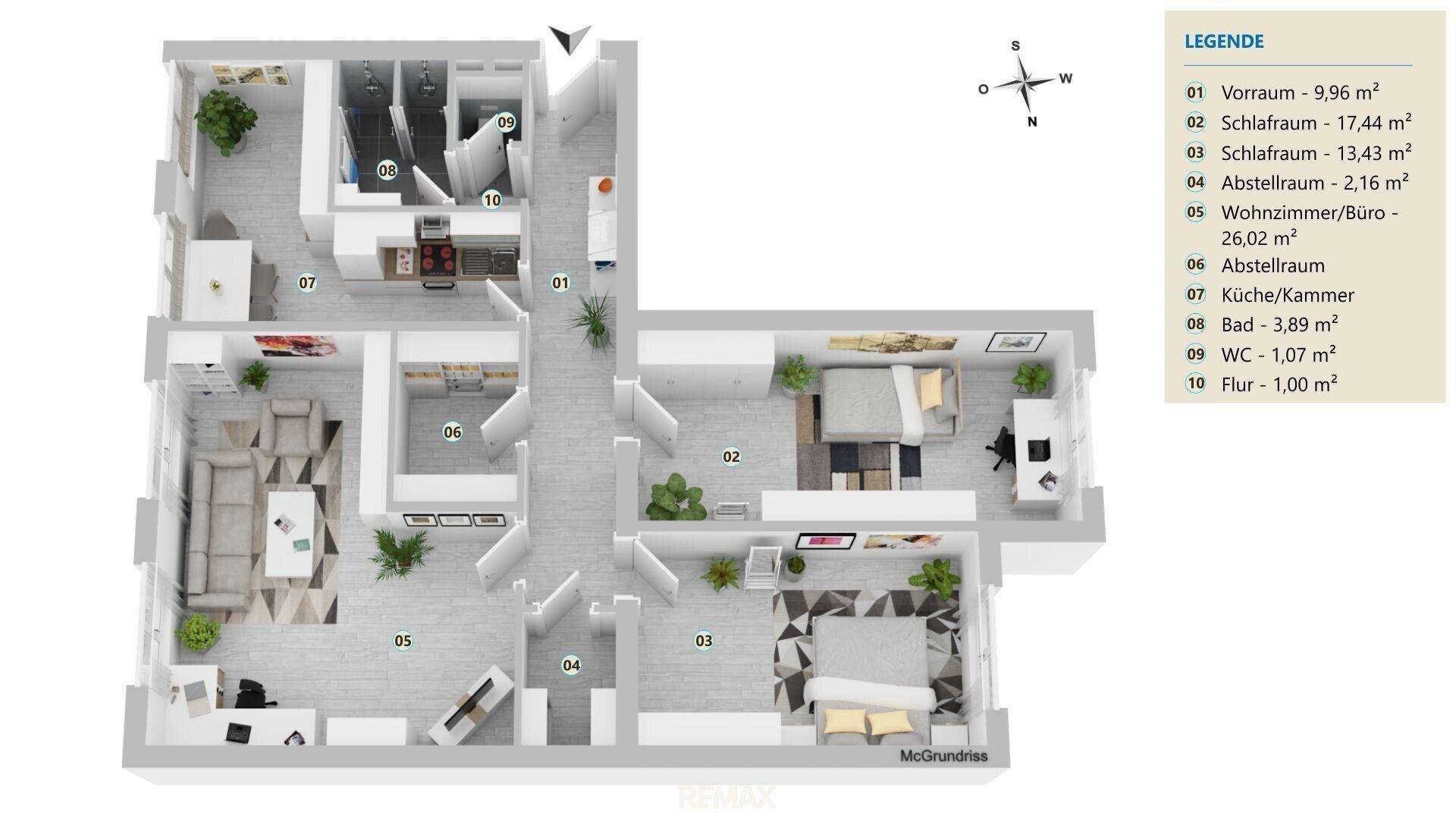 Detaillierter Grundriss der Wohnung mit offenem Wohnbereich und separaten Schlafzimmern.