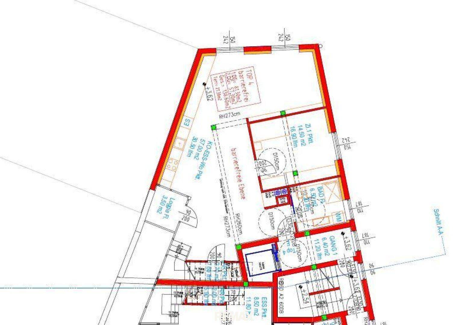 Detaillierter Grundriss einer Etage mit mehreren Räumen und barrierefreiem Zugang.