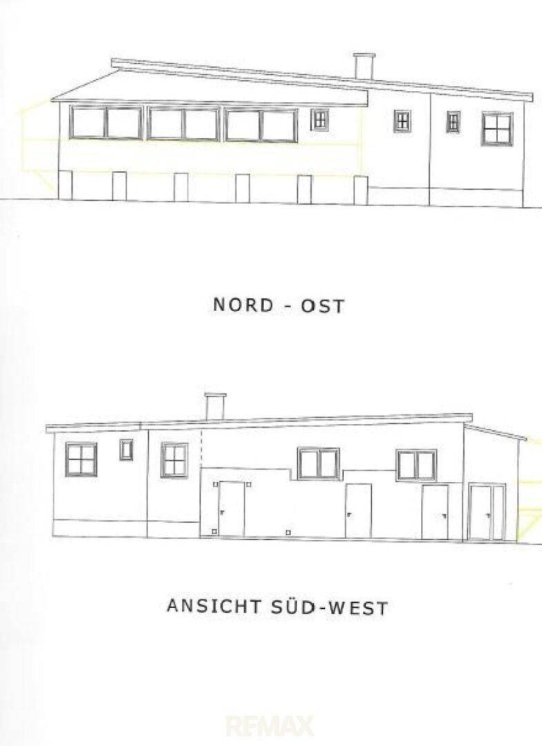 Architektonische Ansichten des Gebäudes von Nord-Ost und Süd-West mit Fenster- und Türpositionen.
