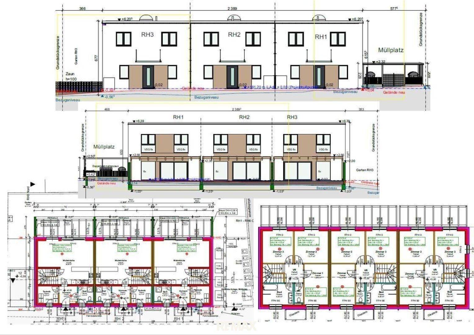 Architektonische Zeichnungen mit Fassadenansichten und Grundrissen von Reihenhäusern.