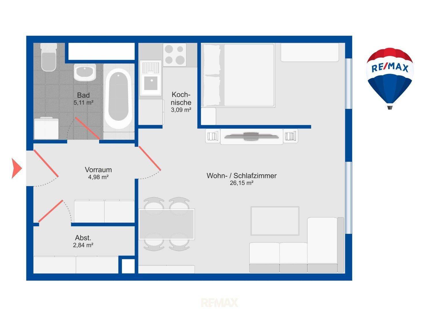 Grundriss einer Wohnung mit Bad, Kochnische und kombiniertem Wohn-/Schlafzimmer.