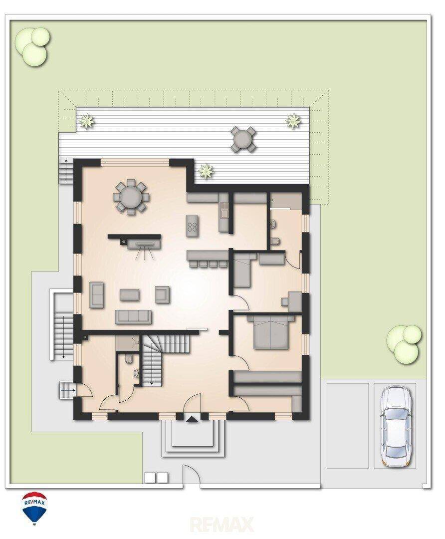 Grundriss des Erdgeschosses mit offenem Wohnbereich, Küche, Esszimmer und Terrasse.