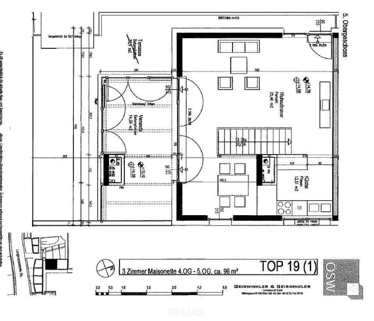 Grundriss des 5. Obergeschosses mit Wohnzimmer, Küche und Zugang zur Terrasse.