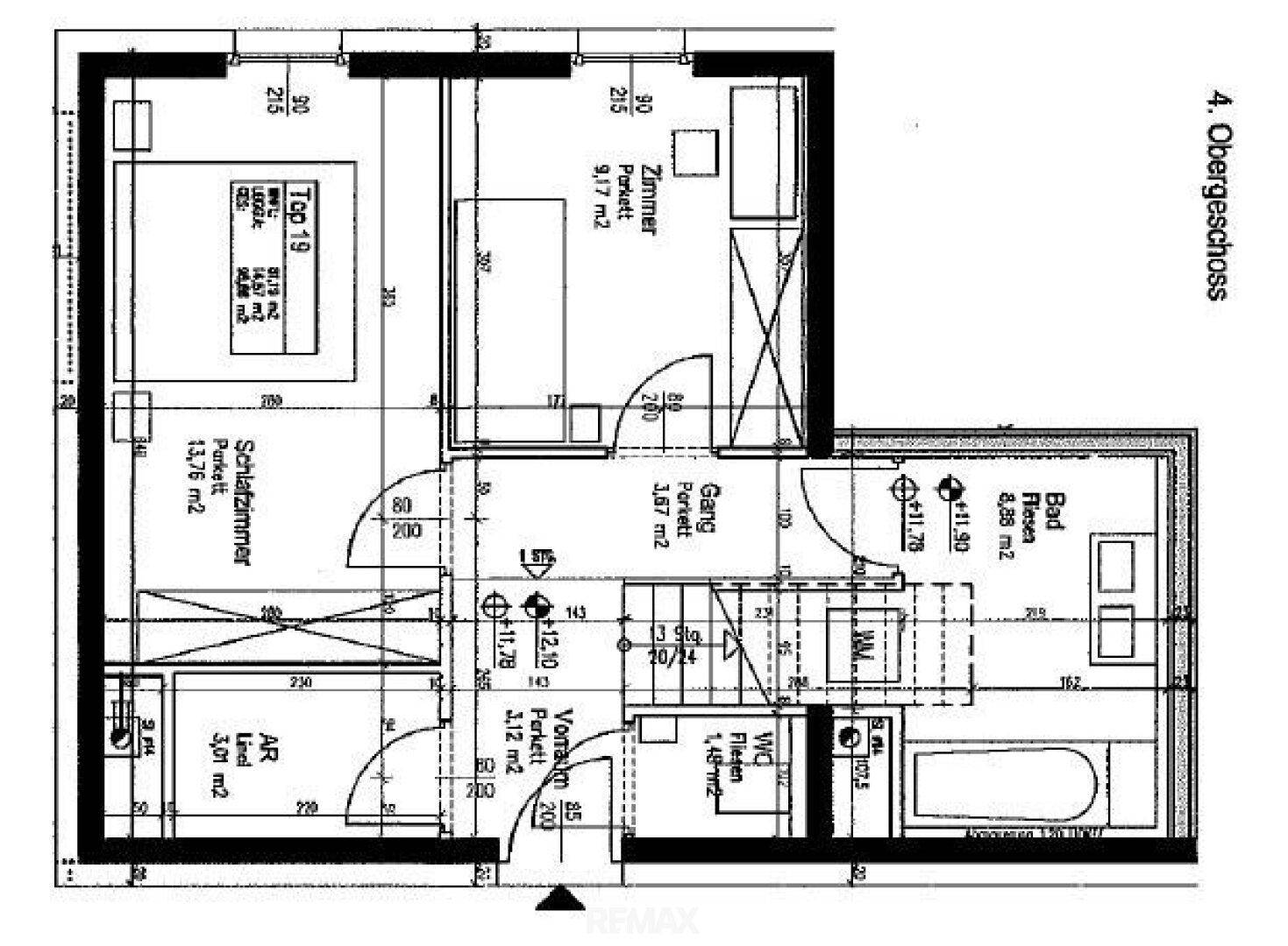 Detaillierter Grundriss des 4. Obergeschosses mit Schlafzimmer, Bad und WC.