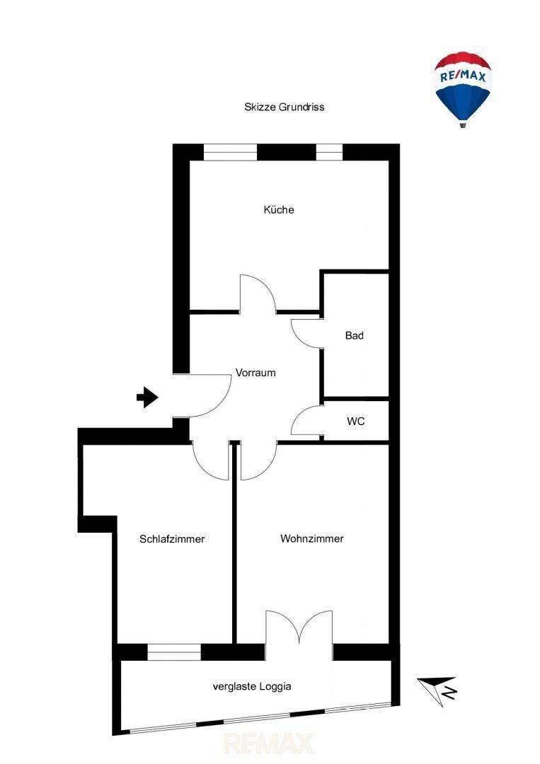 Grundriss der Wohnung mit Küche, Bad, WC, Schlafzimmer, Wohnzimmer und verglaster Loggia.