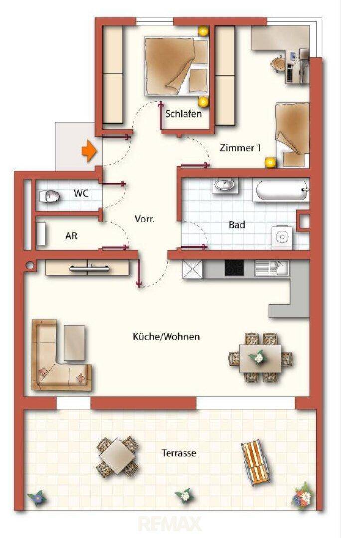 Grundriss einer Wohnung mit offenem Wohn-/Essbereich, Schlafzimmer, Bad und großer Terrasse.