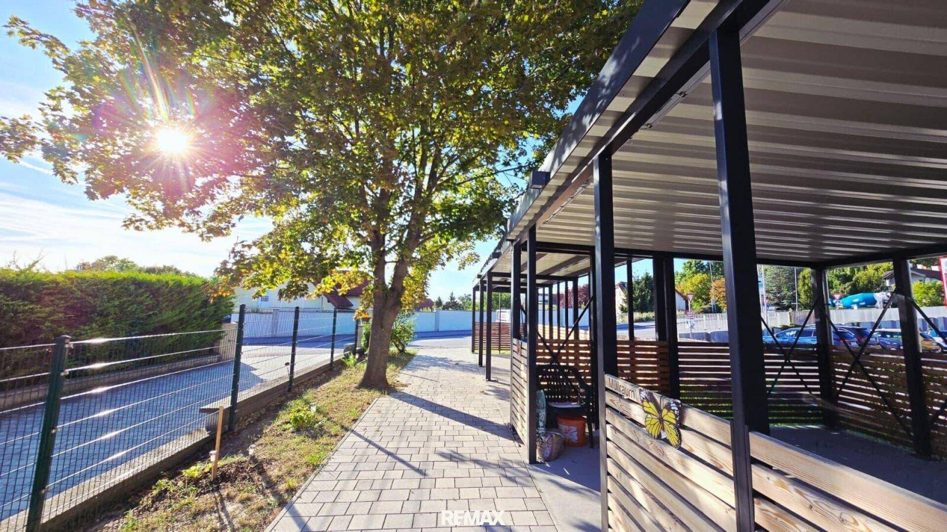 Carports mit Holzverkleidung und gepflastertem Weg unter einem Baum.