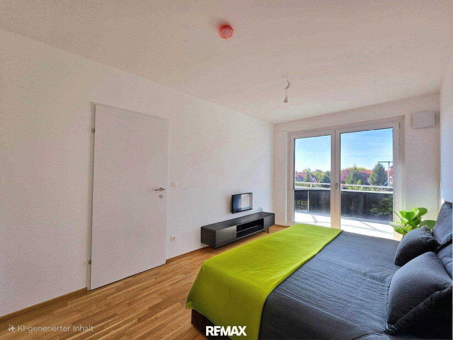 Möbliertes Schlafzimmer mit Holzboden, Balkonzugang und Blick ins Grüne.