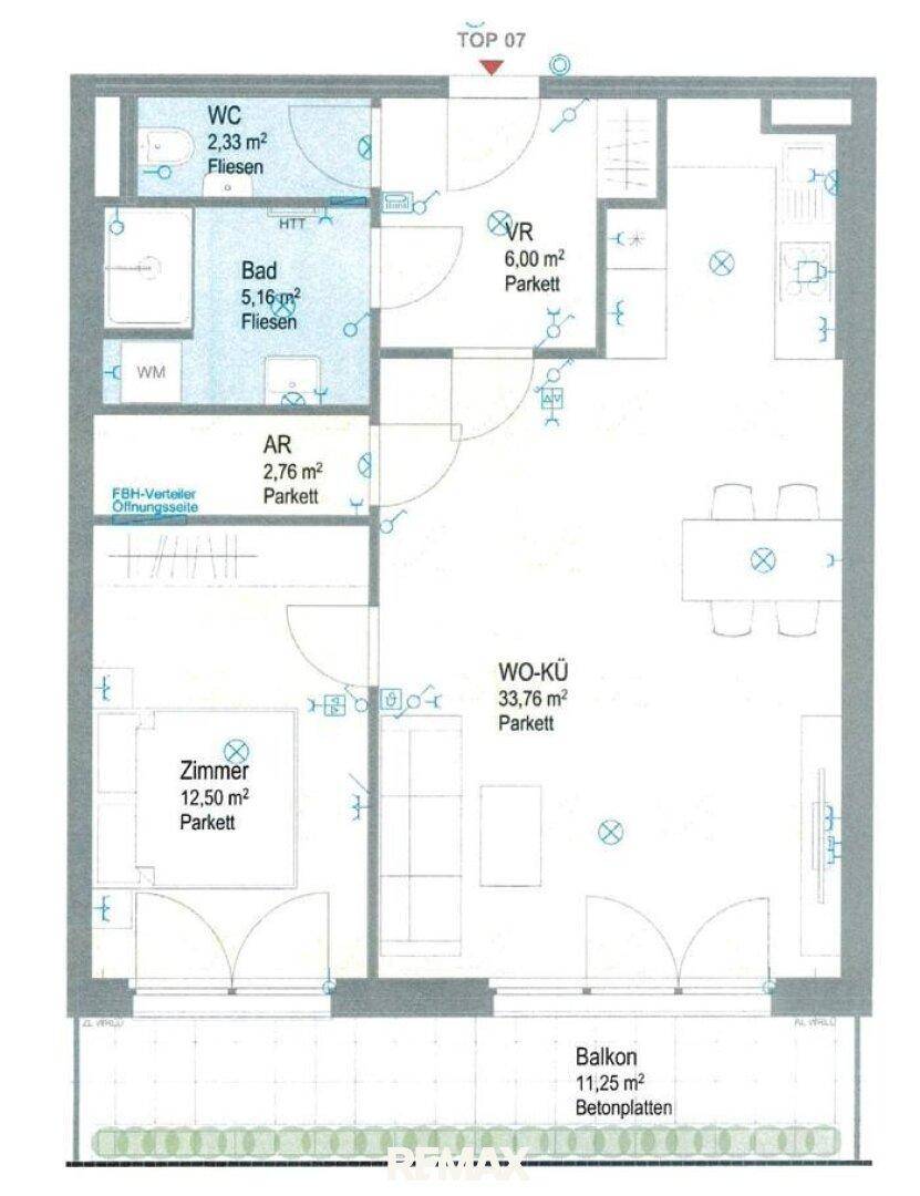 Grundriss der Einheit TOP 07 mit offenem Wohn-Küchenbereich, Schlafzimmer, Bad, WC und Balkon.