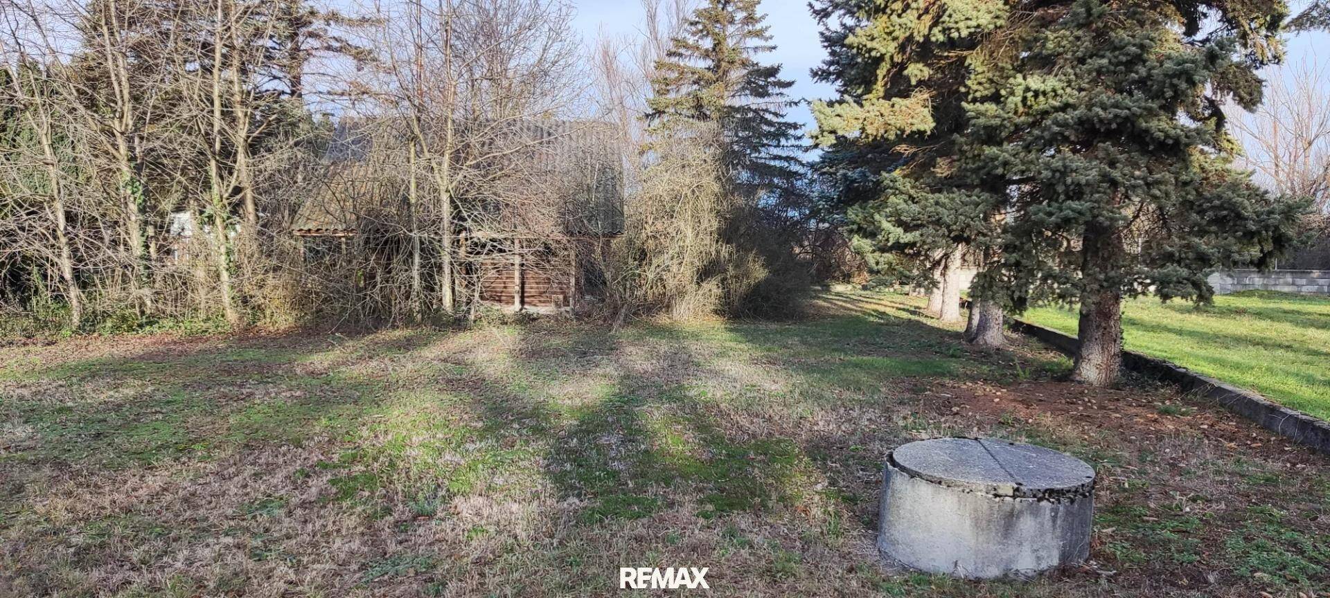 Große Gartenfläche mit altem Brunnen und umgebenden Bäumen, bereit zur Neugestaltung.