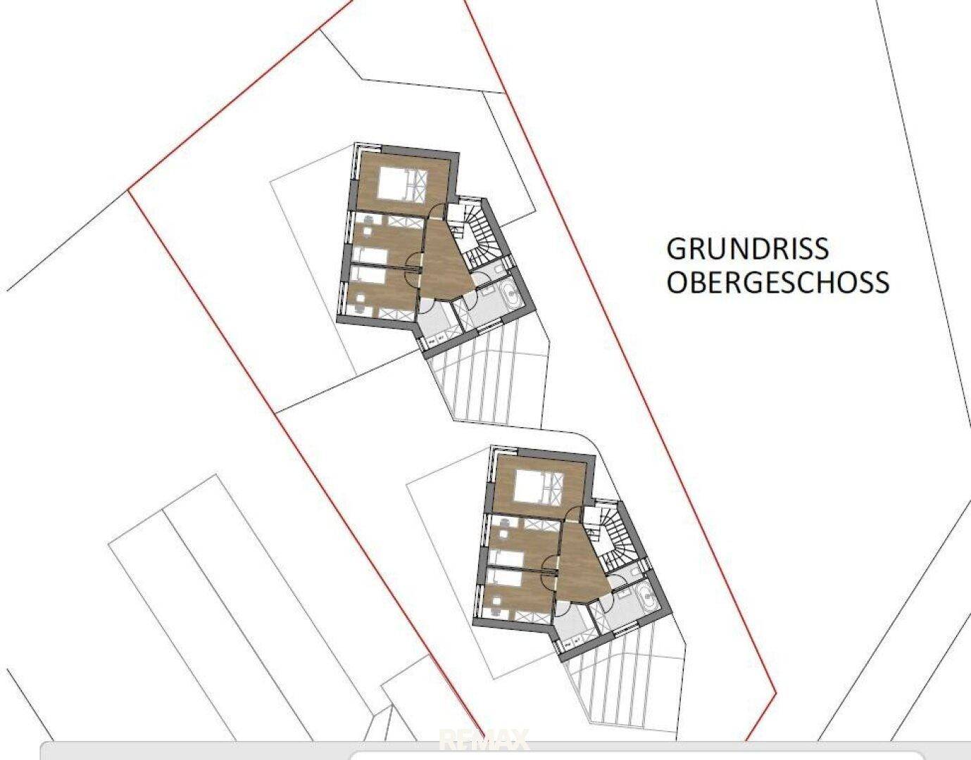 Grundriss des Obergeschosses für zwei Doppelhaushälften mit Schlafzimmern und Bädern.