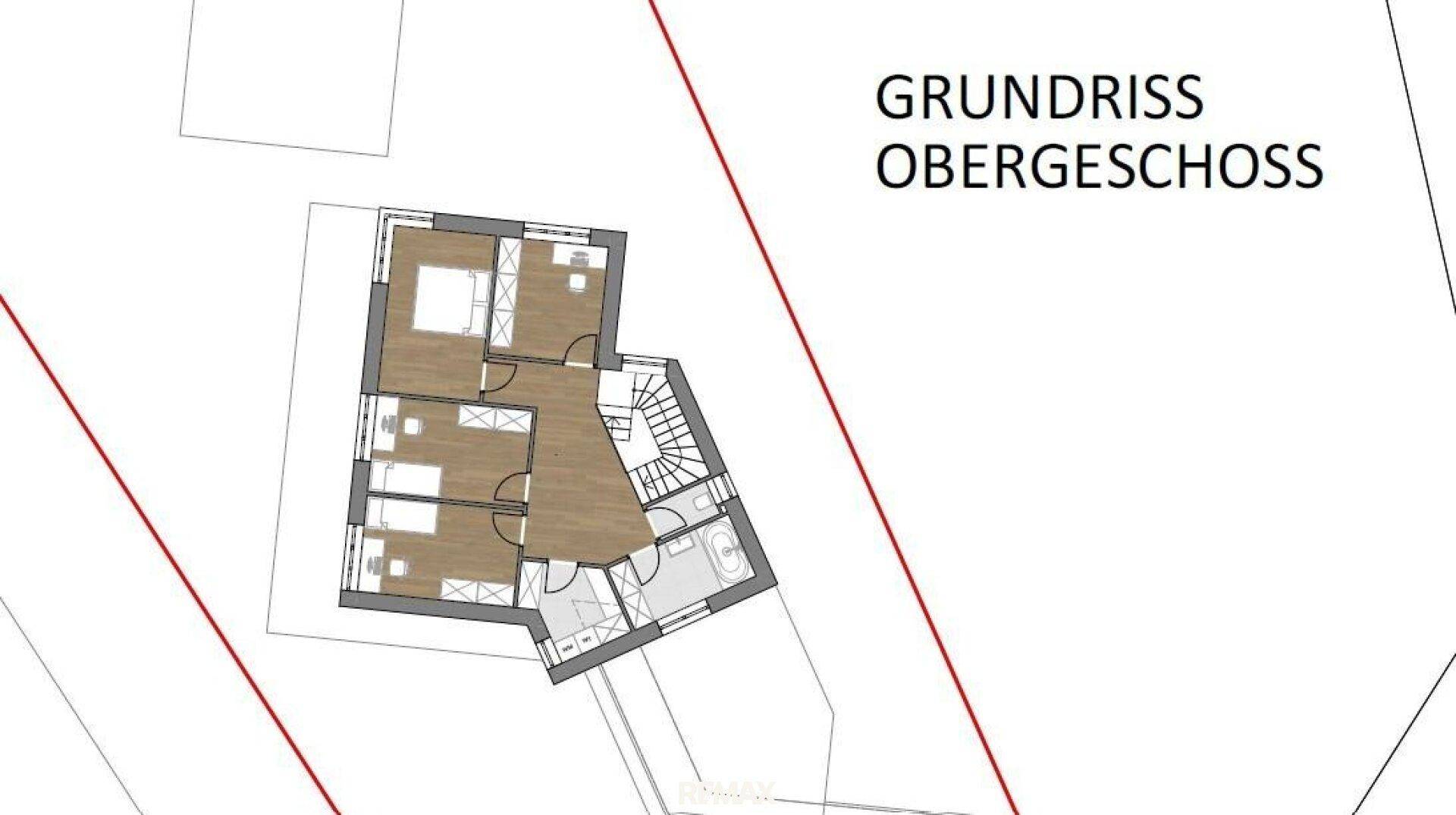 Grundriss des Obergeschosses mit mehreren Schlafzimmern und einem Badezimmer.