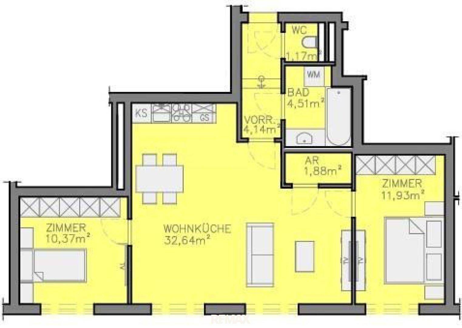 Detaillierter Grundriss einer Wohnung mit Wohnküche, zwei Zimmern und Bad.