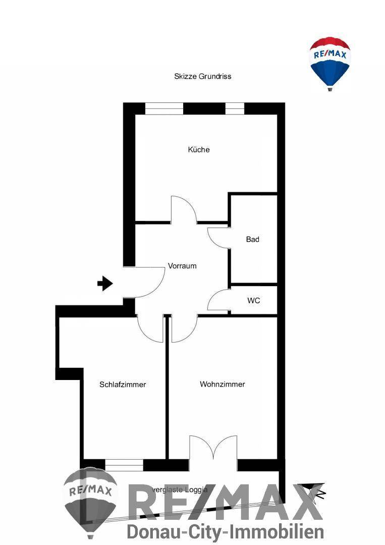 Grundriss der Wohnung mit Küche, Bad, WC, Schlafzimmer und Wohnzimmer.