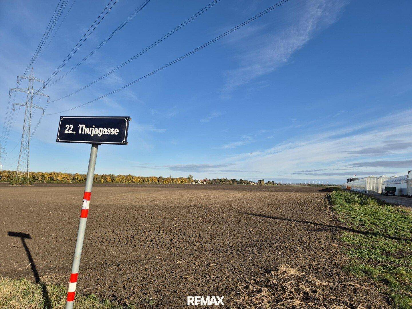Blick über ein gepflügtes Feld mit einem Straßenschild und Stromleitungen unter blauem Himmel.