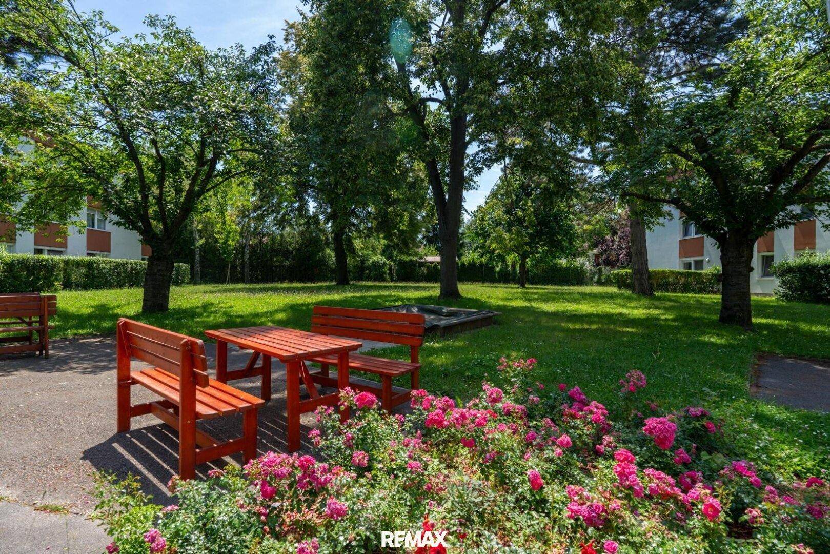 Gepflegter Gemeinschaftsgarten mit Holzbänken, Tischen und blühenden Rosenbeeten, ideal zum Entspannen.