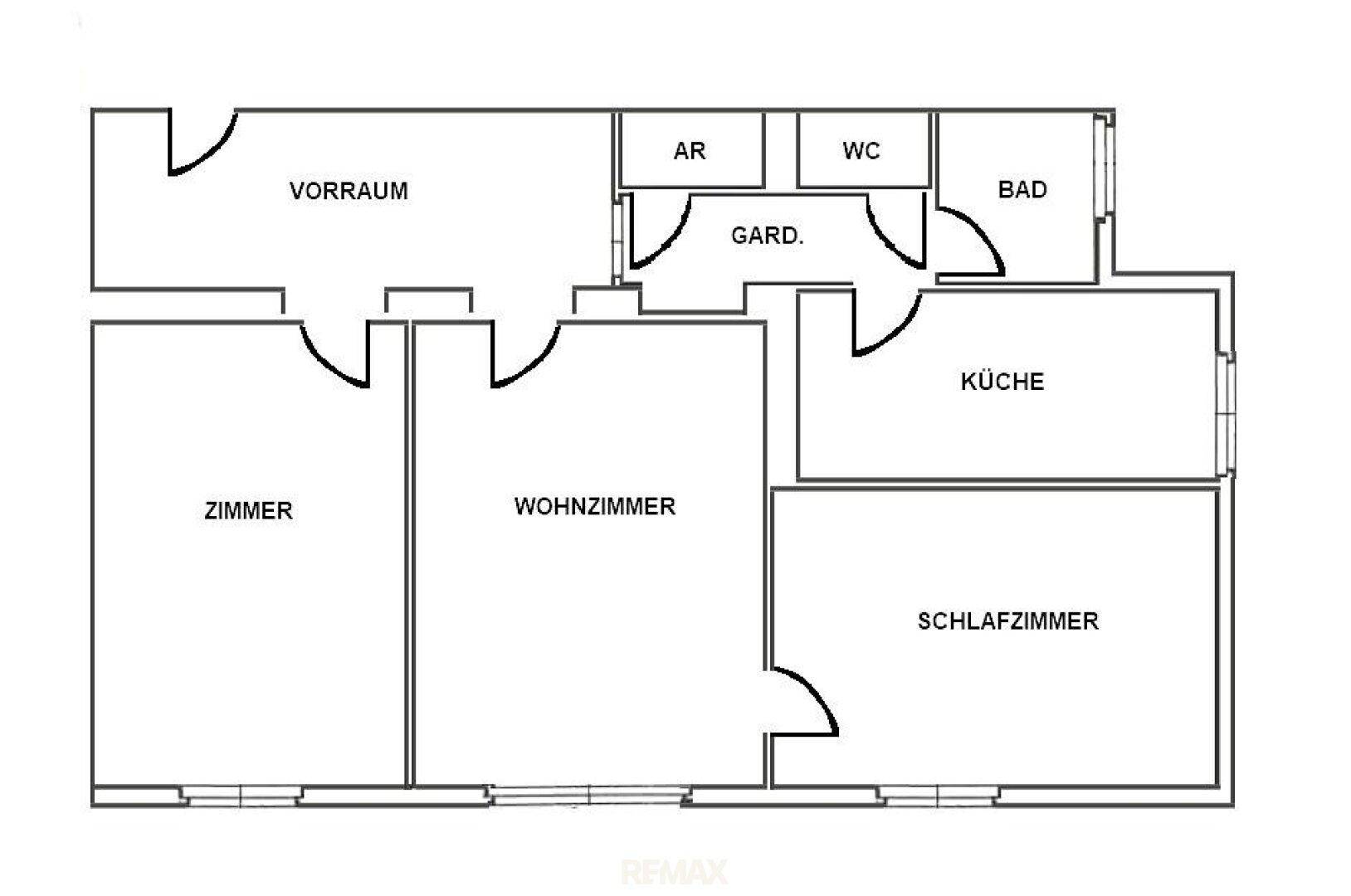 Grundriss einer Wohnung mit separaten Zimmern, Wohnzimmer, Küche, Bad und WC.