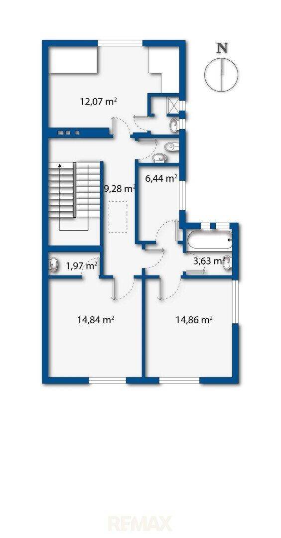 Grundriss des Obergeschosses mit zwei Schlafzimmern, Badezimmer mit Badewanne und separatem WC.