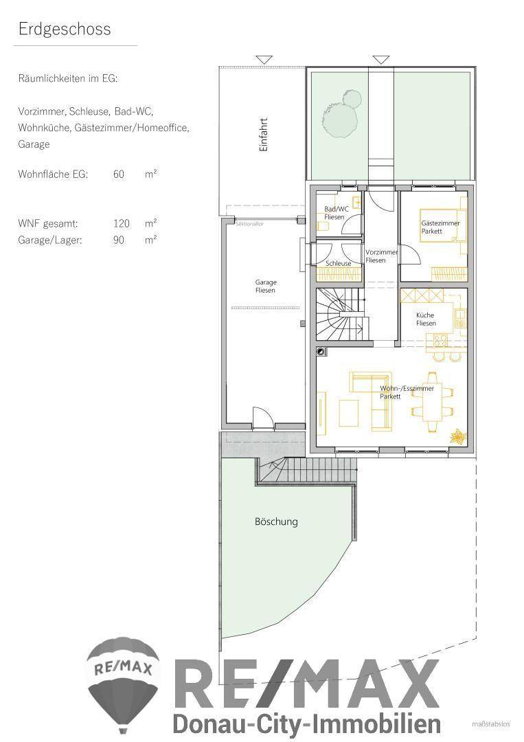 Grundriss des Erdgeschosses mit offenem Wohn-Essbereich, Küche und Garage.