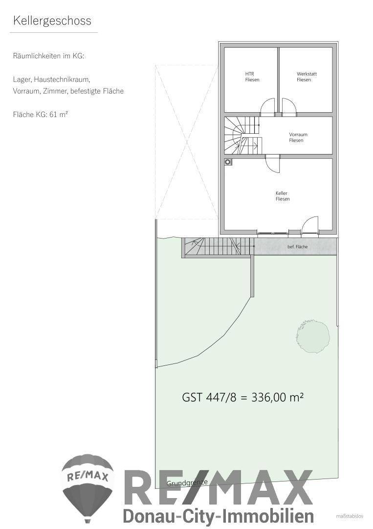 Grundriss des Kellergeschosses mit Lager, Haustechnikraum und Werkstatt.