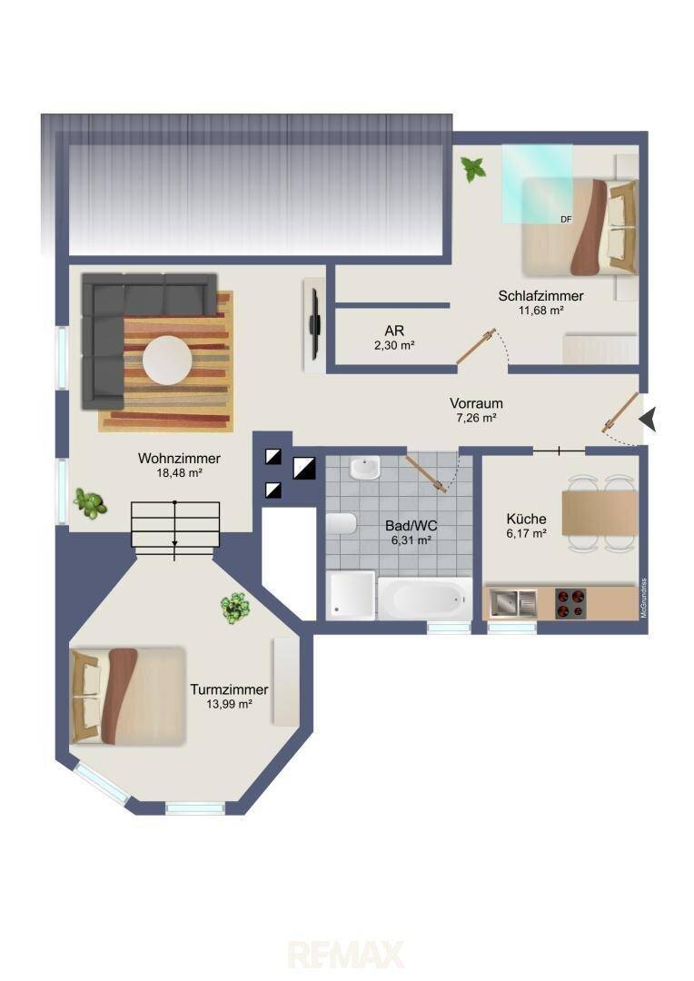 Detaillierter Grundriss einer Wohnung mit Wohnzimmer, Schlafzimmer und Turmzimmer.
