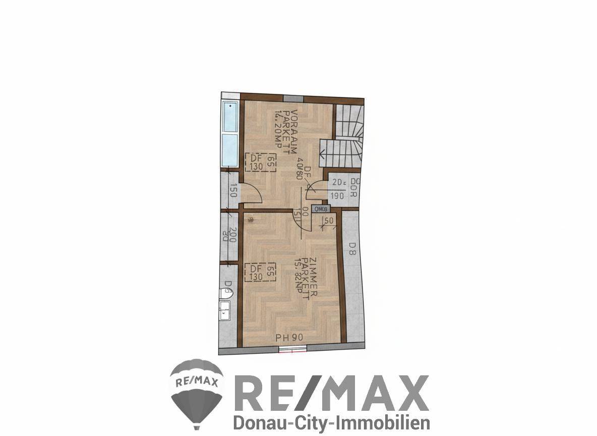Grundriss des Obergeschosses mit zwei Zimmern und Dachschrägen.