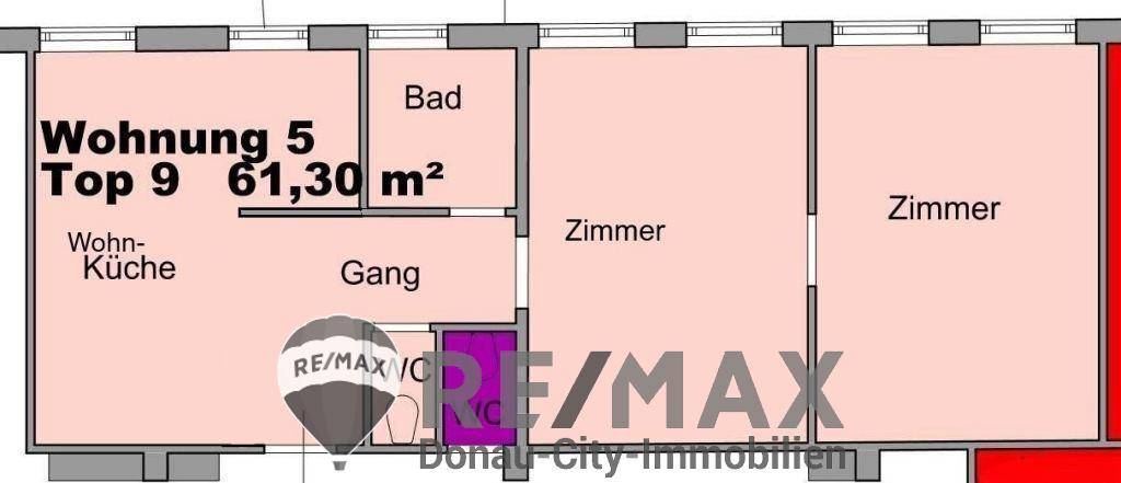 Grundriss der Wohnung 5 Top 9 mit 61,30 m² und drei Zimmern.