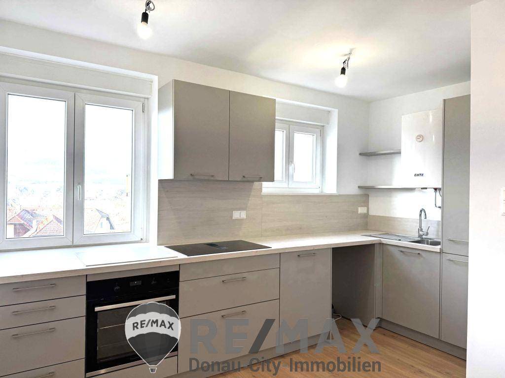 Moderne Einbauküche in Grau mit Induktionskochfeld und Fenster für natürliches Licht.