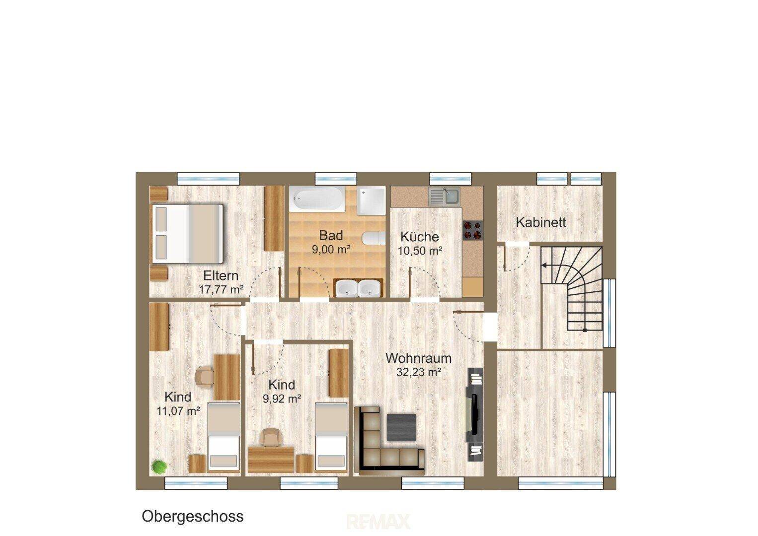 Grundriss des Obergeschosses mit Schlafzimmern, Bad, Küche und Wohnraum.