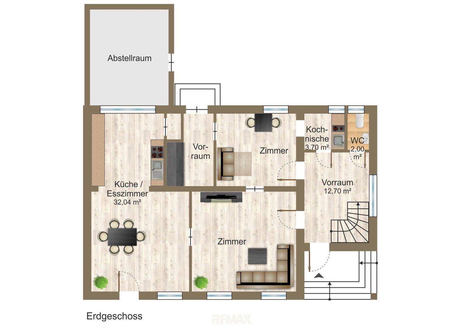 Grundriss des Erdgeschosses mit Küche, Esszimmer, Wohnzimmer und WC.