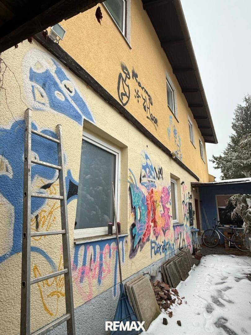 Hausfassade mit Graffiti, einer Leiter und einem Fahrrad im Schnee.