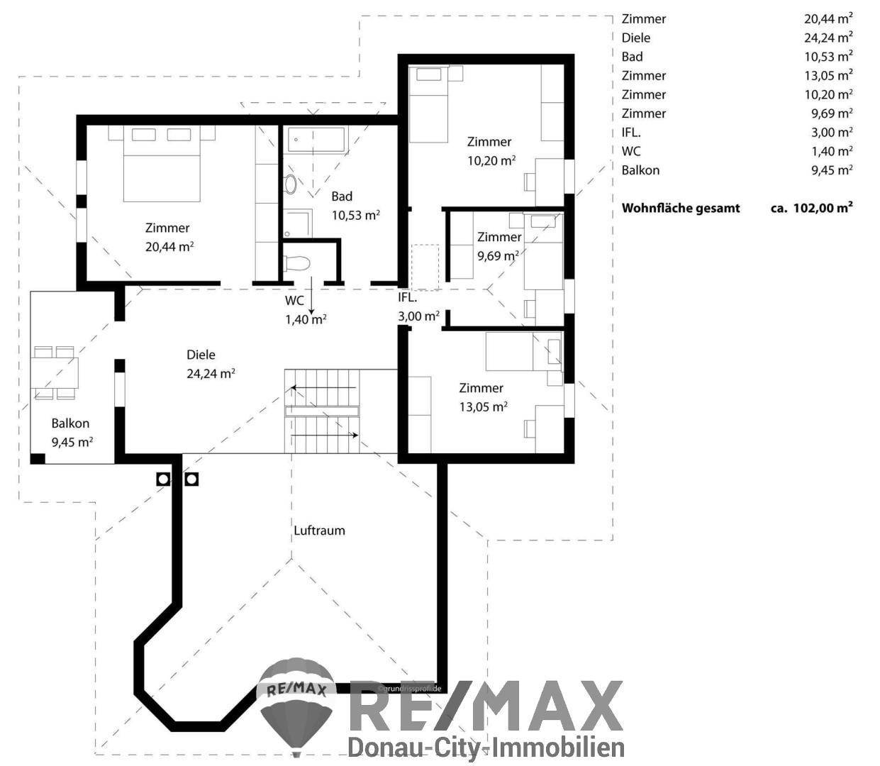 Grundriss des Obergeschosses mit Schlafzimmern, Bad und Balkon.