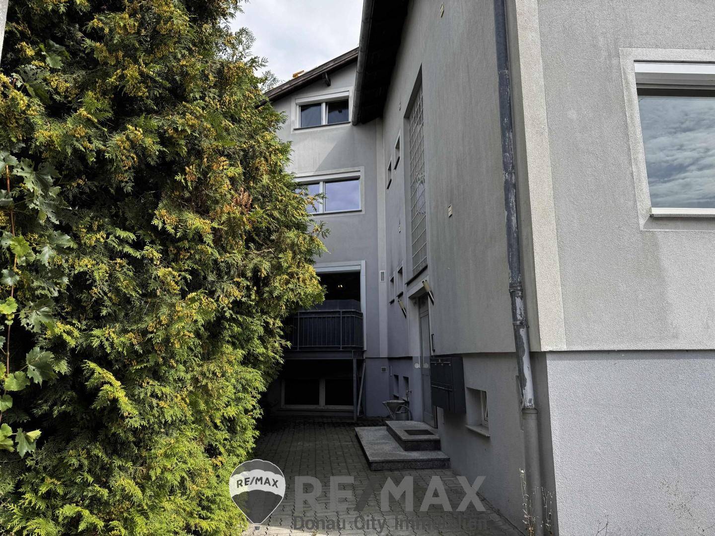 Seitenansicht des Gebäudes mit üppigem Grün und Zugang zum Untergeschoss.