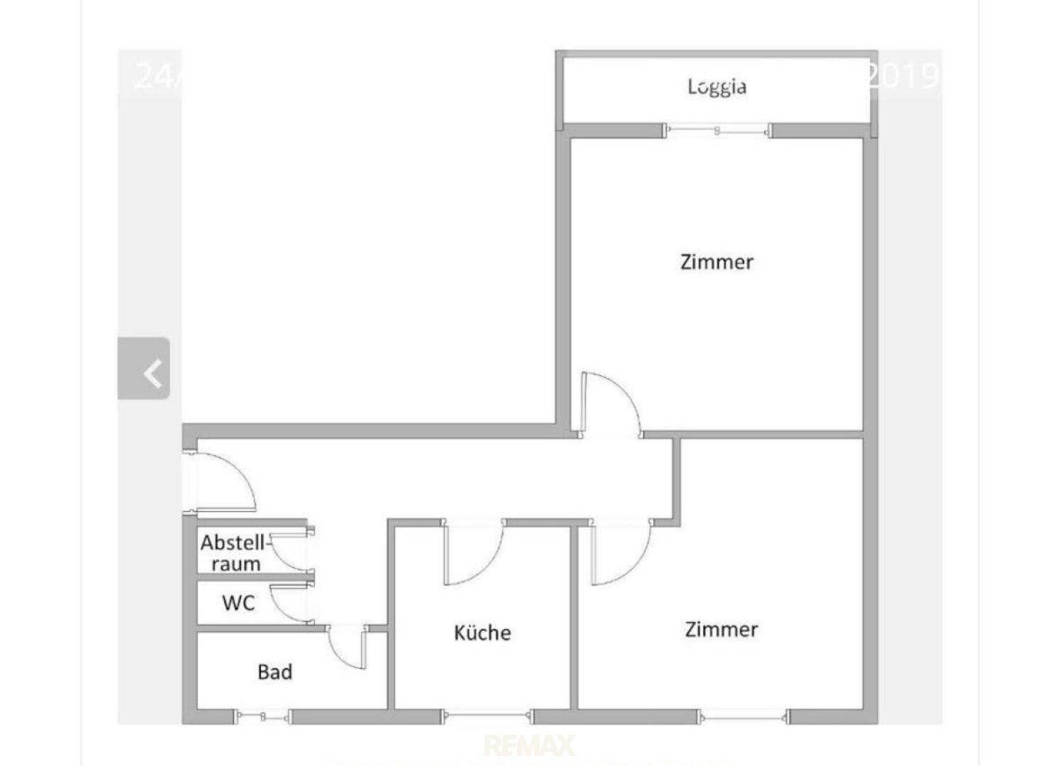 Grundrissplan einer Wohnung mit Loggia, Küche, Bad und separatem WC.