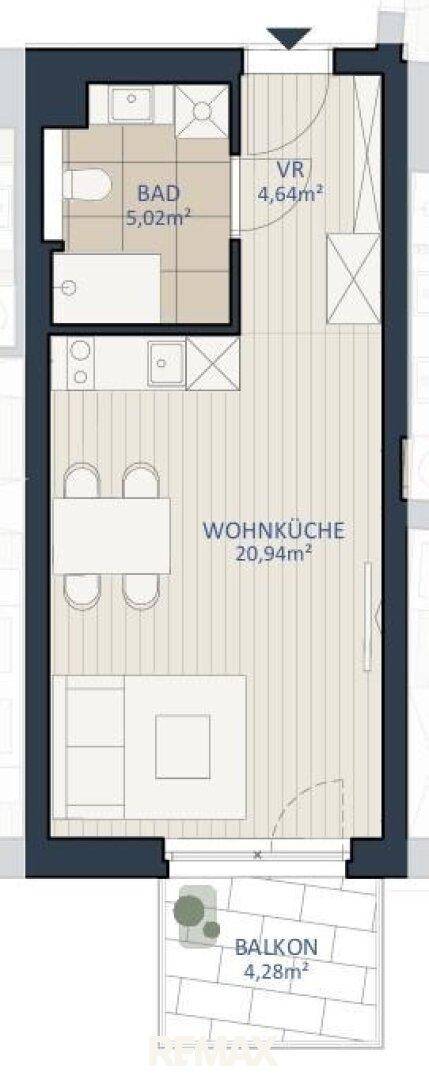 Grundriss eines Studio-Apartments mit Wohnküche, Bad und Balkon.