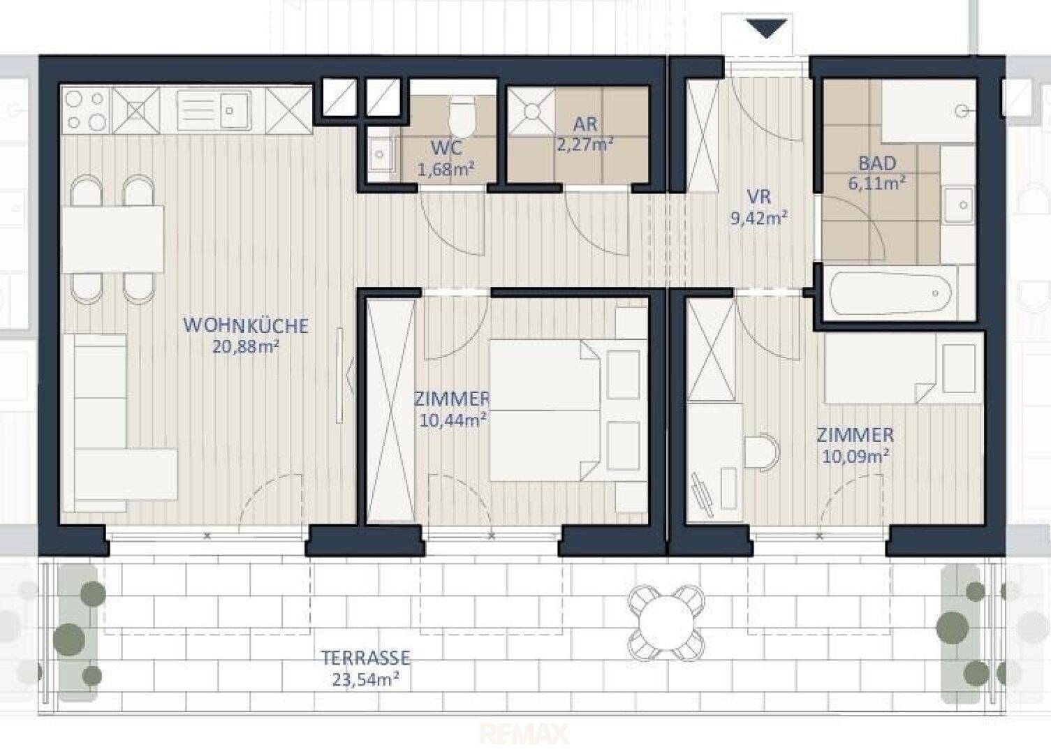 Detaillierter Grundriss einer Wohnung mit Wohnküche, zwei Zimmern, Bad und großer Terrasse.