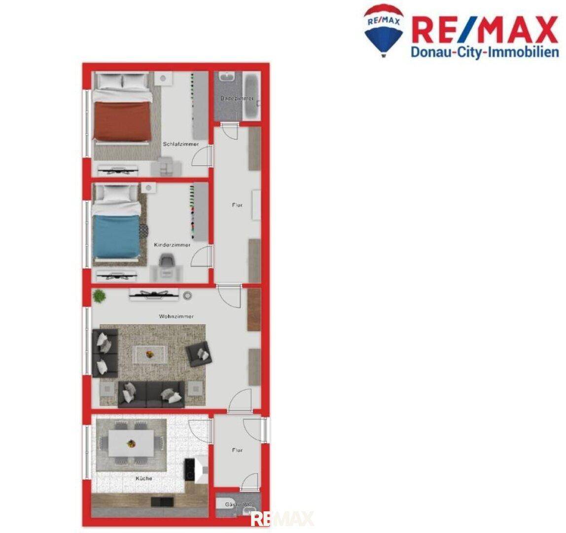 Detaillierter Grundriss einer Wohnung mit drei Schlafzimmern und offenem Wohnbereich, inklusive Balkon.