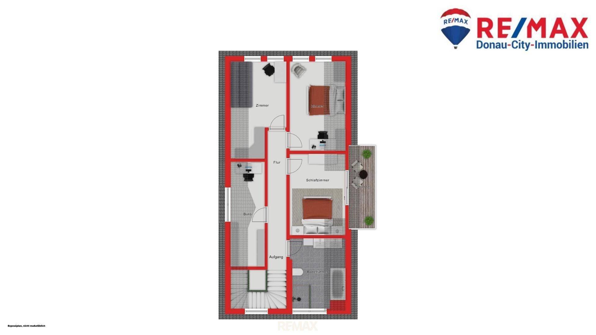 Grundriss des Obergeschosses mit Schlafzimmern, Bad und Balkon.