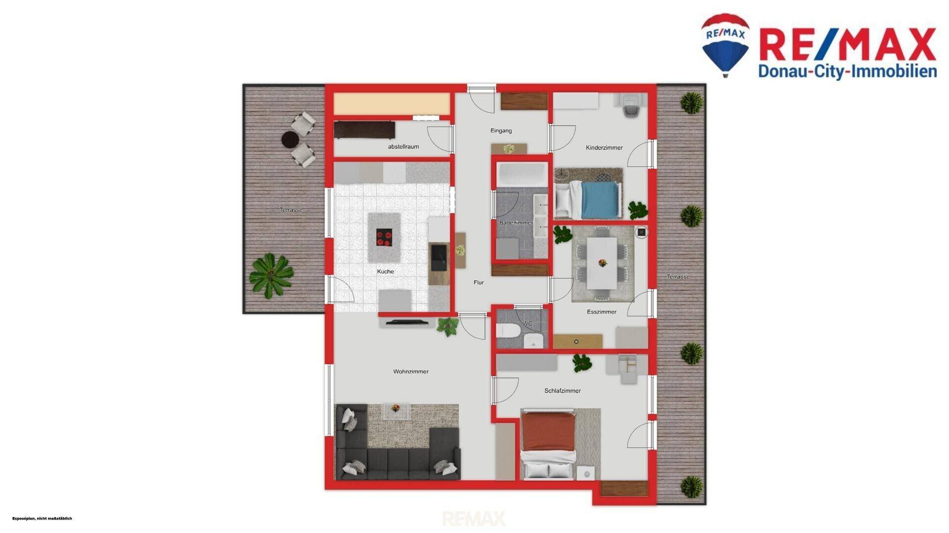 Detaillierter Grundriss der Wohnung mit Raumaufteilung und Möblierungsvorschlägen.