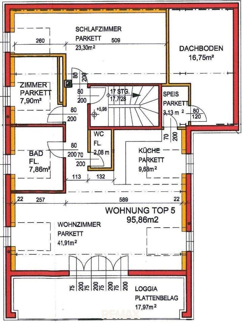 Grundriss der Wohnung Top 5 mit Wohnzimmer, Schlafzimmer, Küche und Loggia.