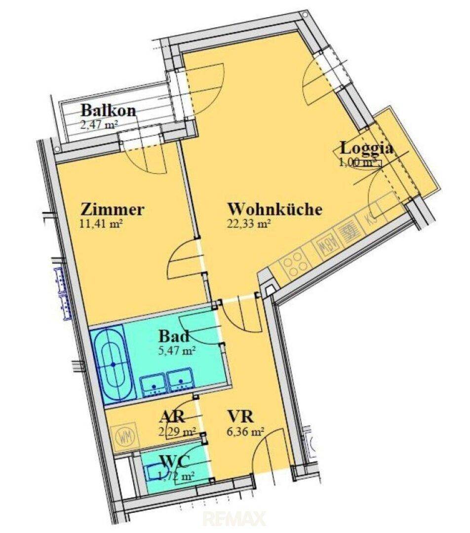 Detaillierter Grundriss einer Wohnung mit Balkon, Loggia und funktionaler Raumaufteilung.