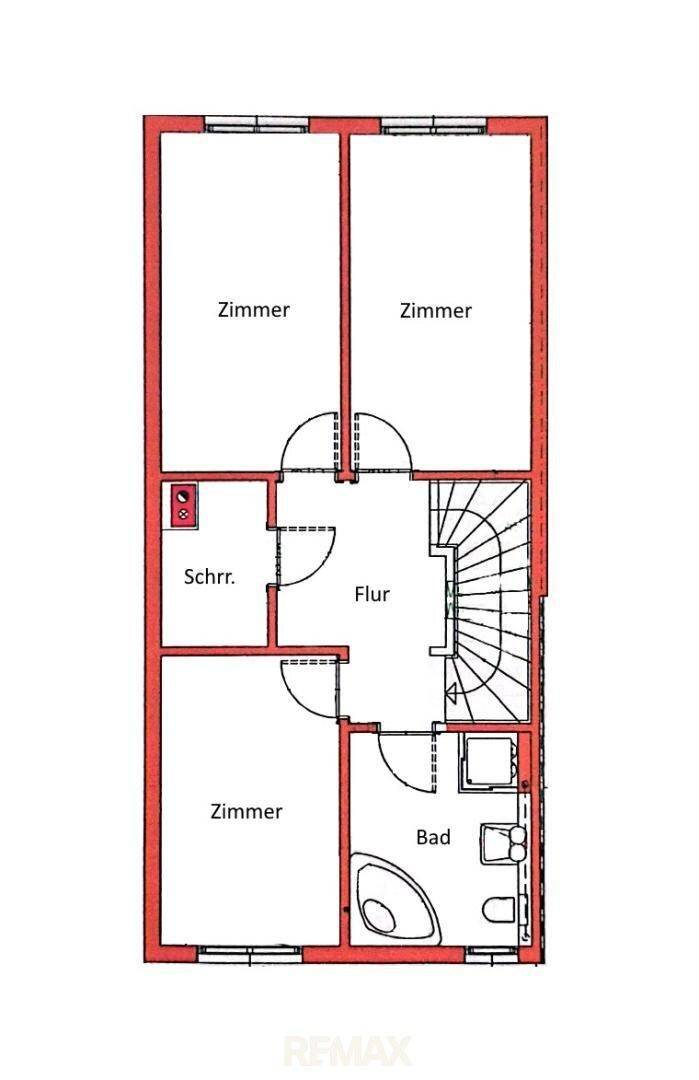 Grundriss des Obergeschosses mit drei Zimmern, Flur, Schrankraum und Badezimmer.