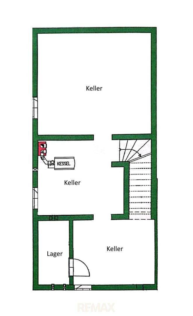 Grundriss des Kellergeschosses mit mehreren Kellerräumen, Heizkessel und Lagerbereich.