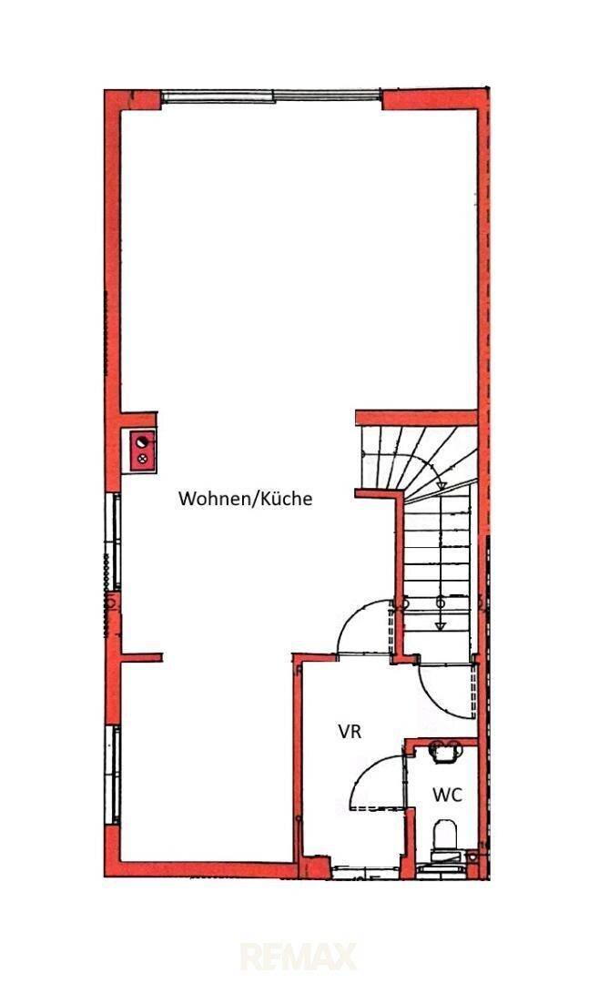 Grundriss des Erdgeschosses mit offenem Wohn-/Küchenbereich, Vorraum und separatem WC.