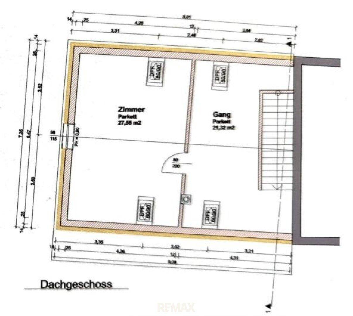 Grundriss des Dachgeschosses mit Zimmer, Gang und Parkettboden, inklusive Treppenaufgang.
