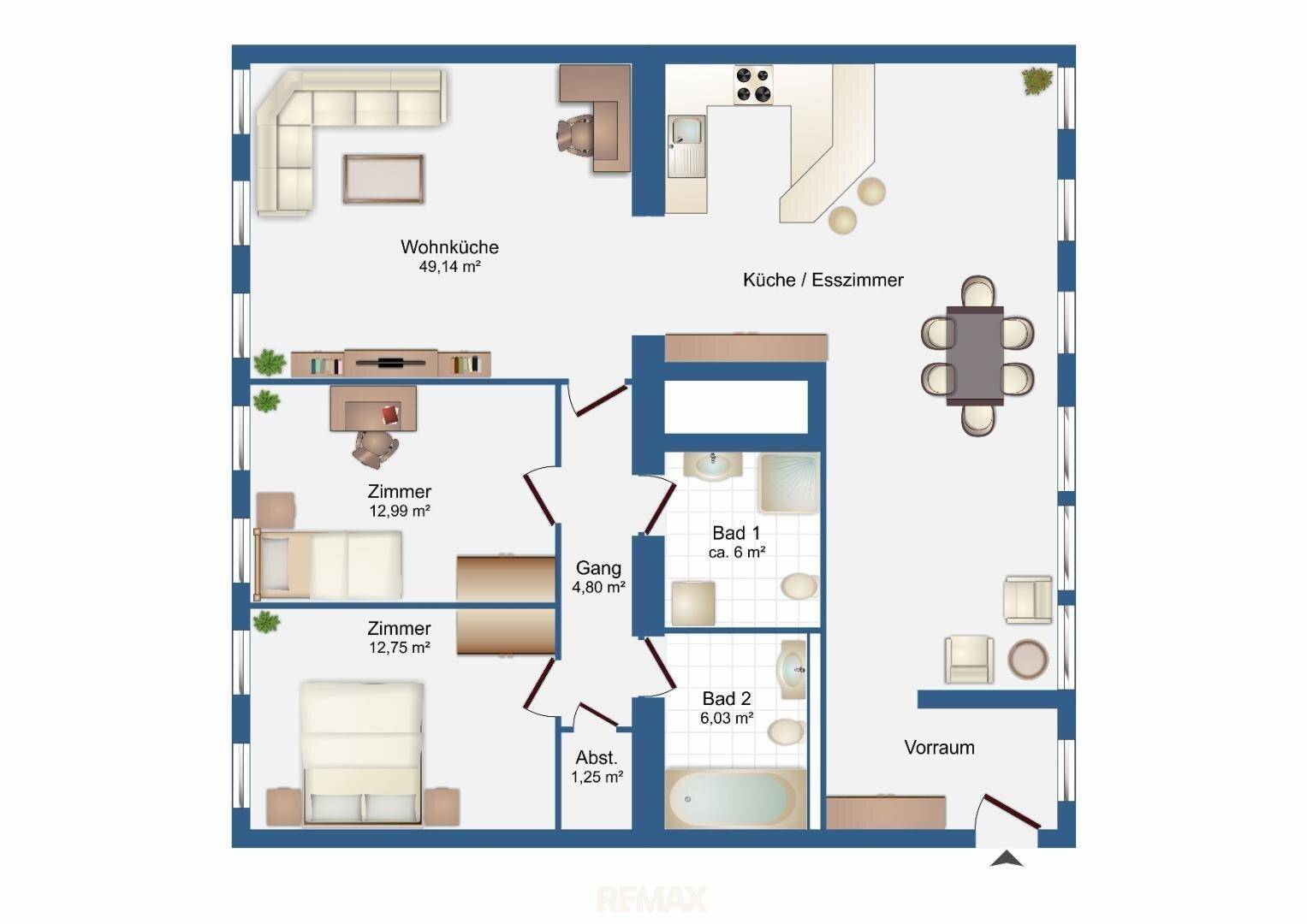 Detaillierter Grundriss mit offener Wohnküche, zwei Zimmern, zwei Bädern und Balkonzugang.