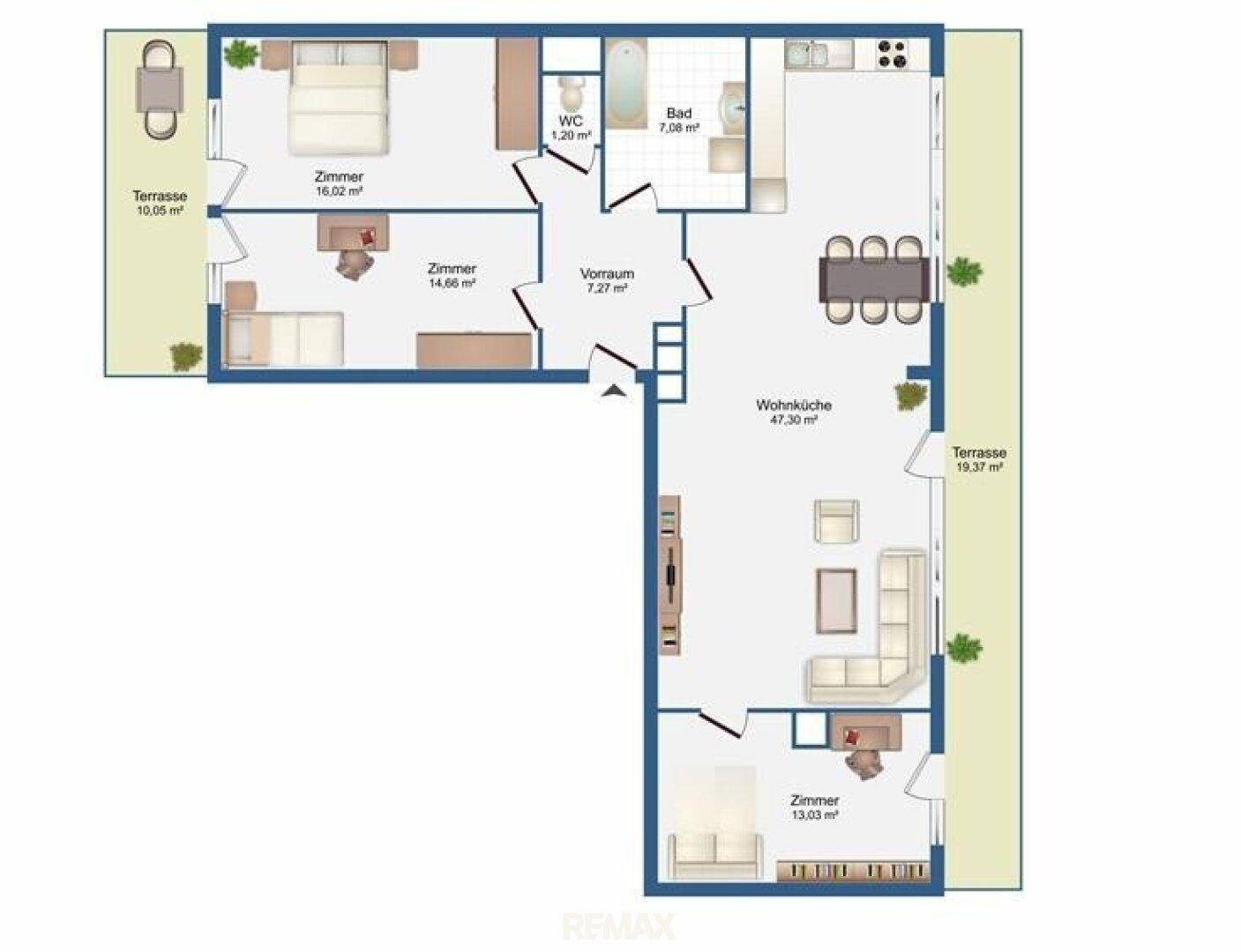 Grundriss der Wohnung mit drei Zimmern, Wohnküche und zwei Terrassen.