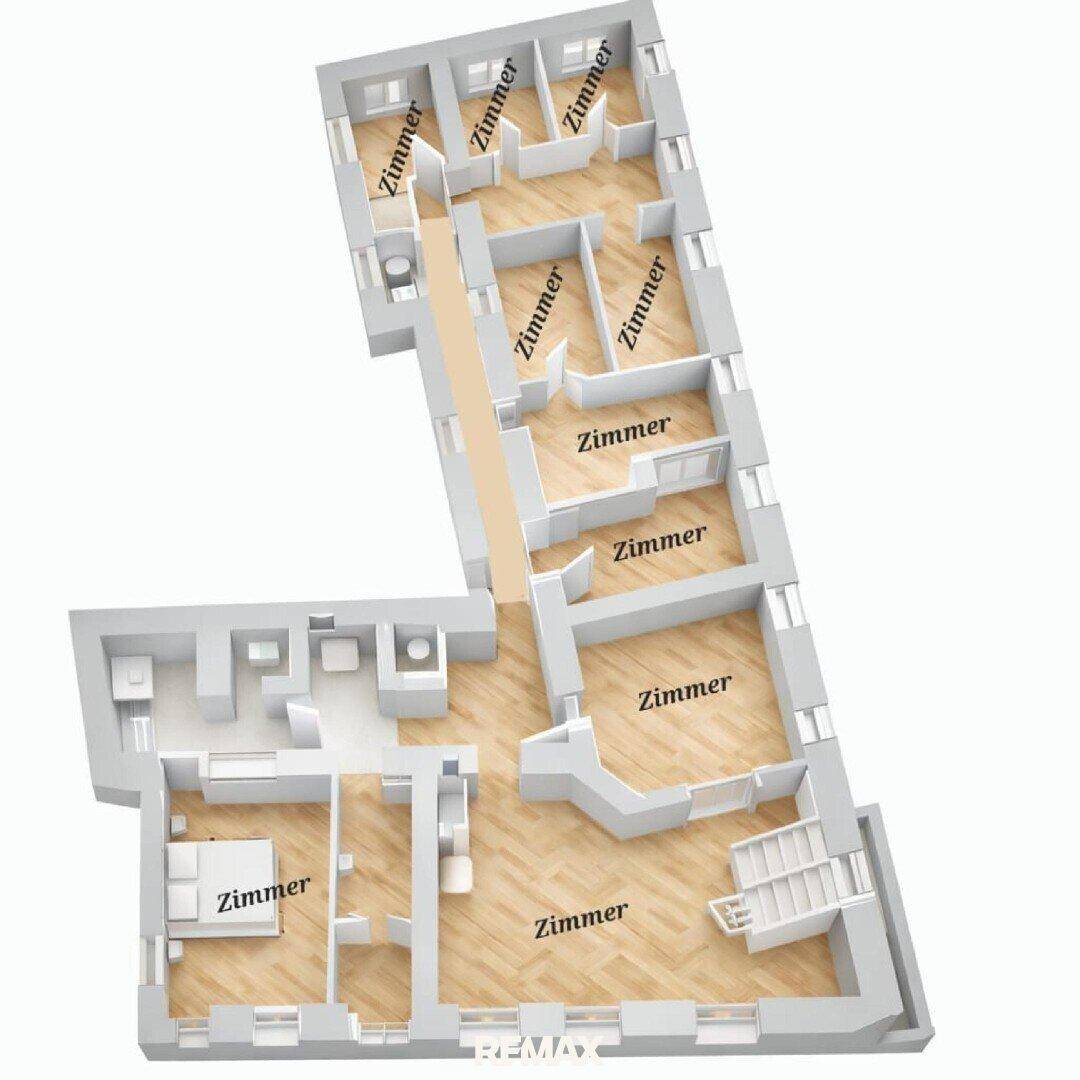 Detaillierter 3D-Grundriss mit mehreren Zimmern und Holzparkettboden.