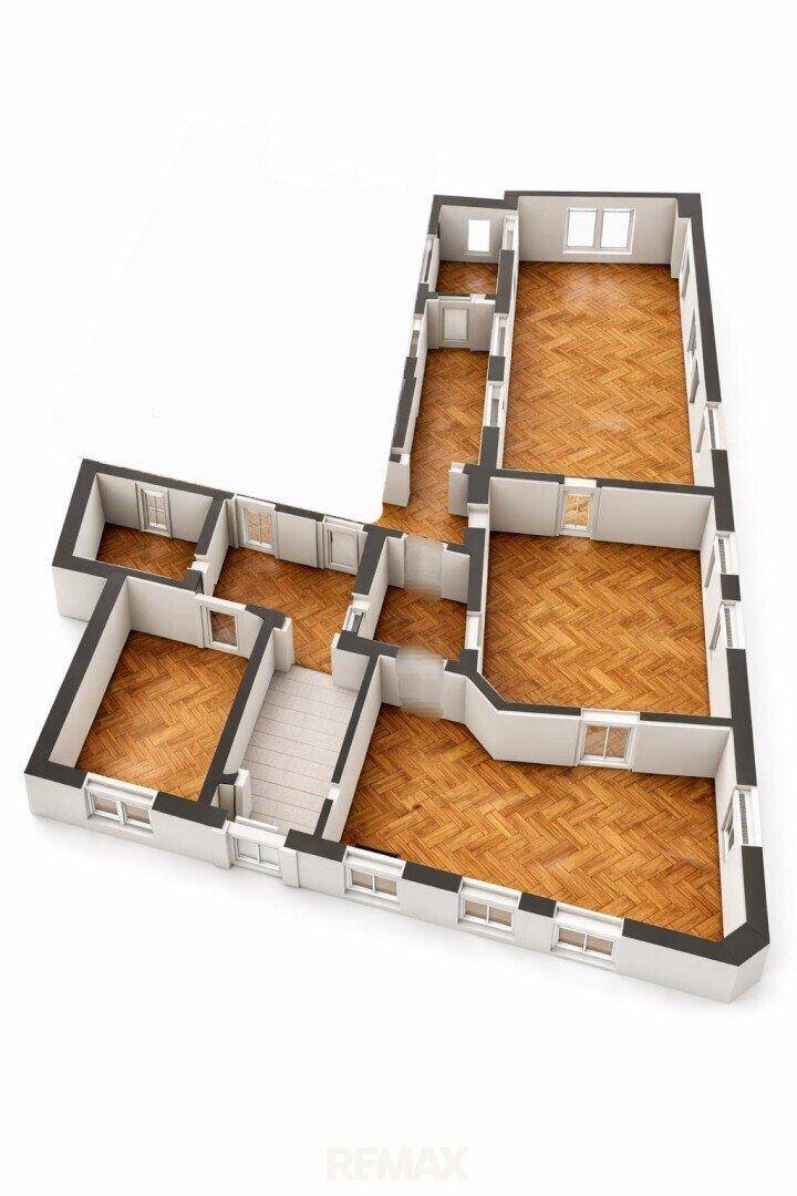 3D-Grundrissansicht einer Wohnung mit vielen Räumen und Fischgrätparkettboden.