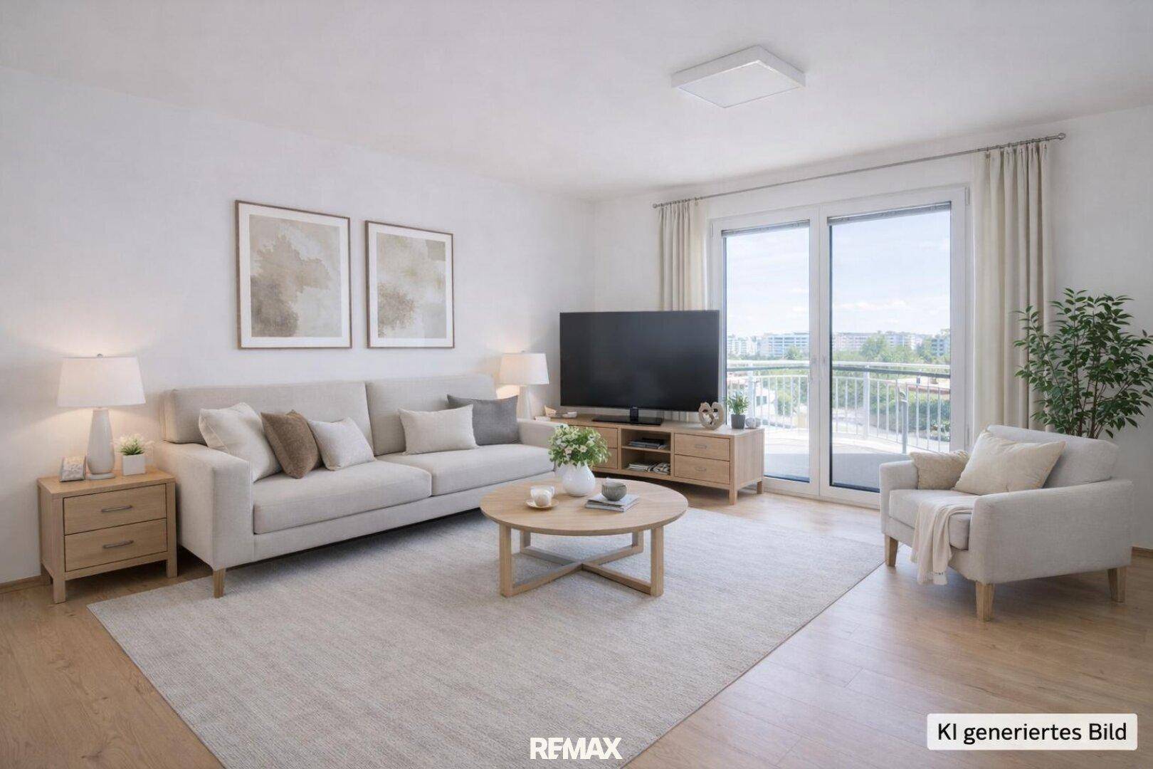 Gemütliches Wohnzimmer mit hellem Sofa, Holzboden und großem Fenster mit Zugang zum Balkon.
